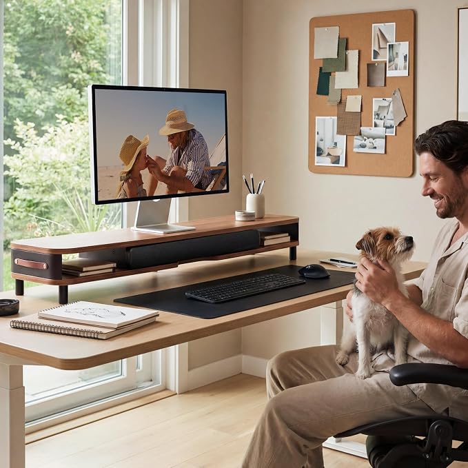 Fenge Dual Monitor Stand with Large Storage Drawer, 42.5" Dsek Shelf, Brown | Slide-Out Drawer with Soft Touch Leather, Ergonomic Monitor Riser, Aluminum leg, 2-Tier Desk Organizer for Laptop, TV, PC