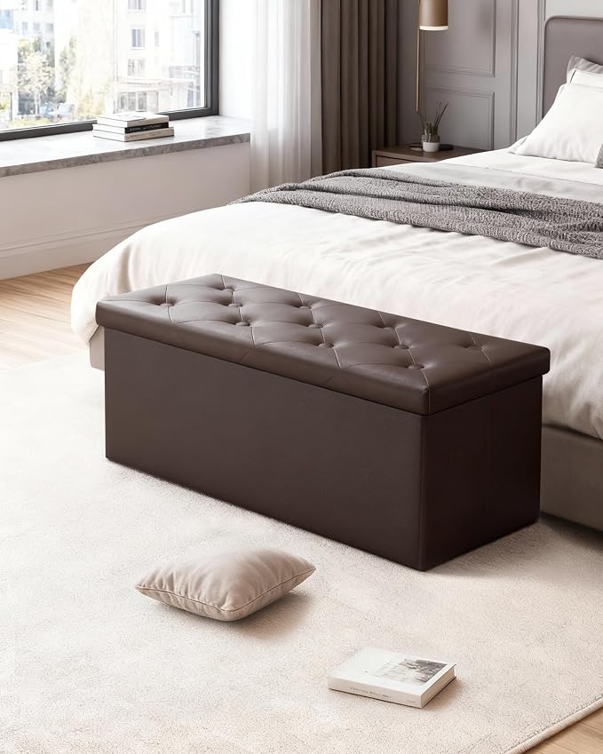 GLAXYFUR 43" Storage Ottoman Bench, Folding Ottoman with 2 Dividers, Brown | End of Bed Bench, PU Leather Foot Rest, Storage Chest for Living Room, Bedroom and Entryway
