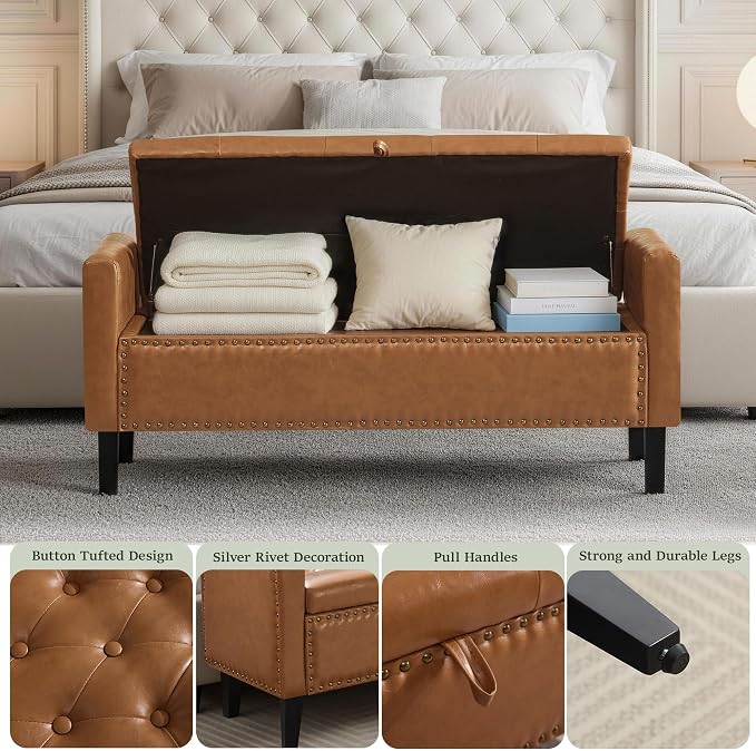 47'' Leather Storage Ottoman Bench, End of Bed Storage Bench with Wooden Legs, Upholstered Tufted Ottoman with Storage for Bedroom, Living Room, Entryway, Light Brown