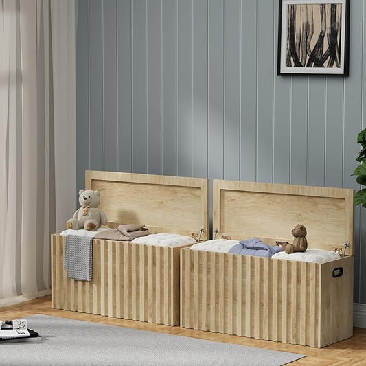Storage Bench Set of 2, 39.4" Wood Storage Trunk with 2 Safety Hinges, Sturdy Storage Chest, Fluted Storage Bench for Bedroom, Shoe Bench for Entryway, Living Room (Ivroy White)