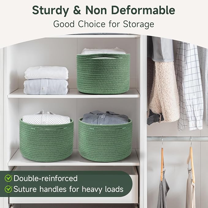 3 Pack Small Rope Storage Baskets, 9.82×9.82×7.1", Green | Cotton Basket for Gifts Empty, Cute Round Woven Basket, Decorative Shelf Basket Organizer, Organizing Basket for Shelves