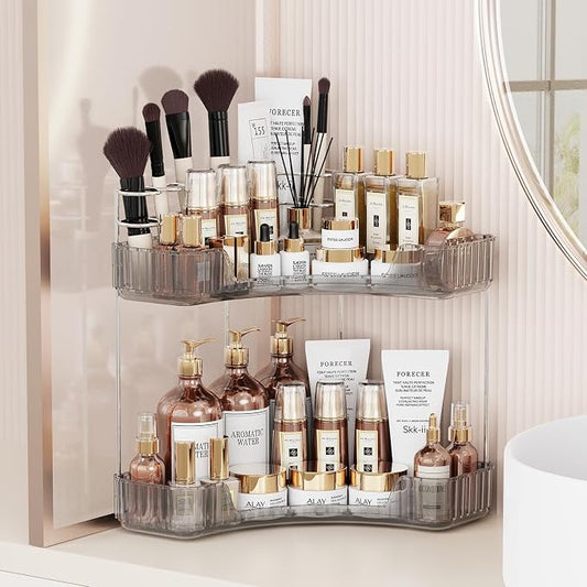 Asayuee 2-Tier Corner Bathroom Counter Organizer with Top Toothbrush Holders,Large Makeup Organizer Countertop with Brush Holder,Skincare Organizers Corner,Exquisite Vanity Organizer (Gray, 2 Tier)