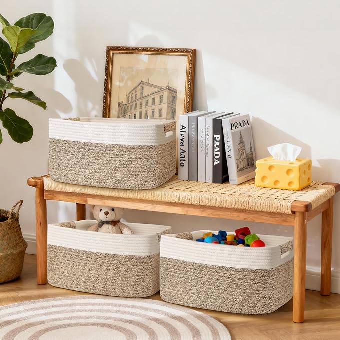 2 Pack Large Storage Basket for Organizing, 17.5"x13"x7" Woven Basket for Shelves, Closet Cube Storage Bins with Wrapped Handle, Cotton Rope Baskets for Kitchen, Clothes, Toys(Off White & Brown)