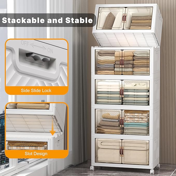 UAMFURI Stackable Storage Bins, 560QT Collapsible Drawers with 1 Lid | Large Capacity, Magnetic Door, Stack Lock, Rolling Wheels, Foldable Design, Organizers and Storage for Bedroom Dorm Garage