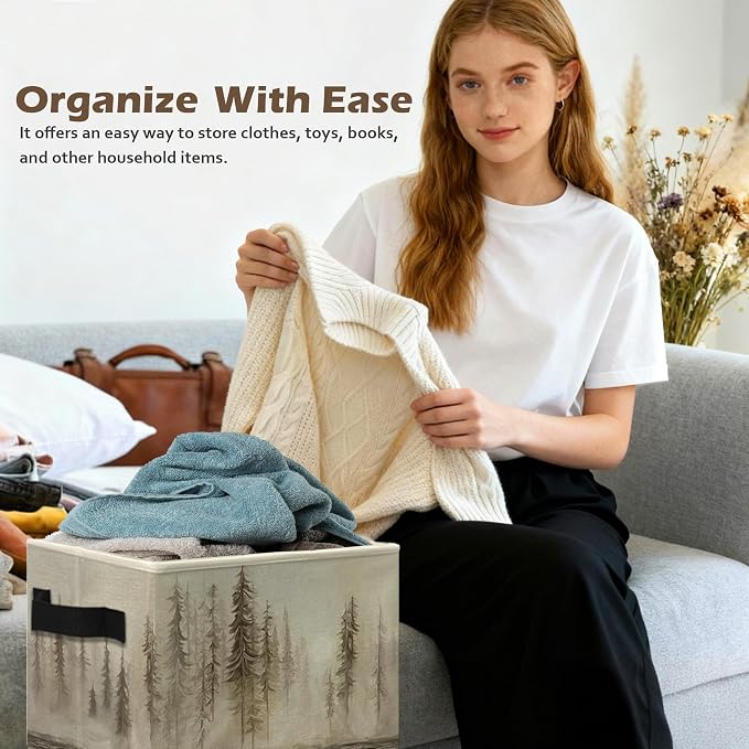 Misty Forest Pine Tree Storage Box Bins, Vintage Neutral Nature Forest Lake Collapsible Storage Basket Organizer for Bedroom Laundry Room Home Clothes Books, Decor for Room