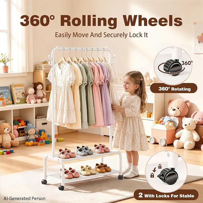 Rolling Kids Clothing Rack: 360° Wheels 2 Lockable for Easy Moving | 44 lb Hanging Capacity Metal Garment Rack with 2 Storage Shelves & 4 Hooks for Baby Toddler Young Kids, White