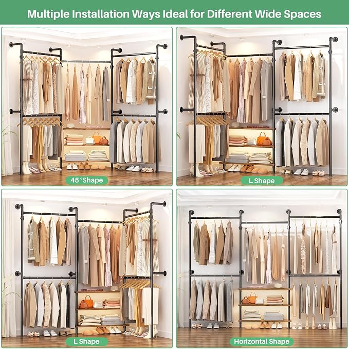Aheaplus Expandable Industrial Pipe Clothing Rack, 7.3-10.9Ft Wall Mounted Closet System, Reversible L Shaped Clothes Rack for Hanging Clothes, Heavy Duty Walk-in Corner Wardrobe Closet, Rustic Brown