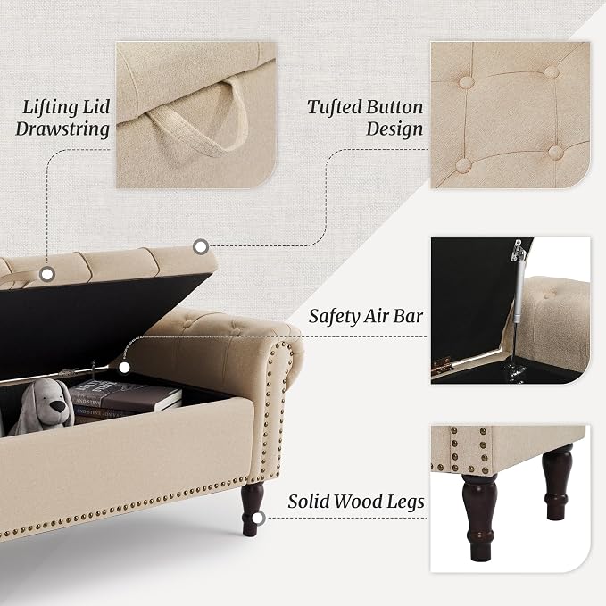 Storage Bench Ottoman, 61" Long King Linen Rolled Arm Bedroom End of Bed Bench, Window Bench with Button Tufted and Nailhead Trim for Foot of Bed Bench, Bedroom, Entryway, Living Room, Wheat