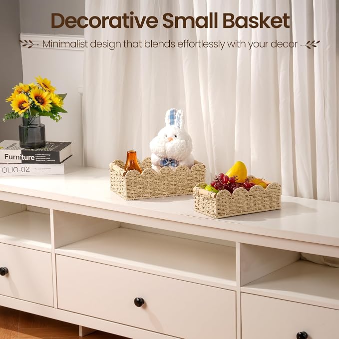 iEGrow Paper Rope Small Storage Baskets for Organizing, Set of 2 Scalloped Edge Wicker Basket with Wooden Handles Toilet Paper Basket for Over Toilet Storage Shelf, Home Decor, Living Room (Beige)