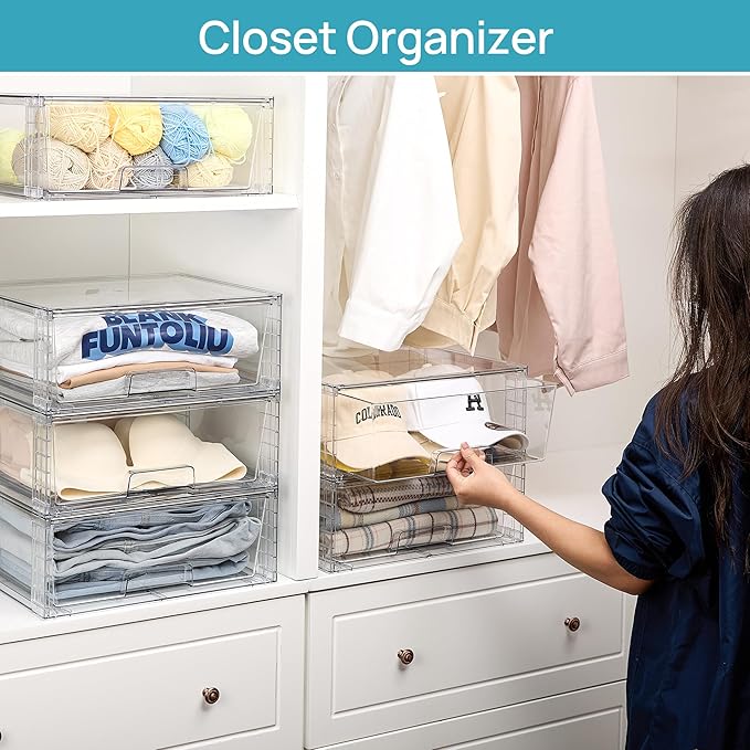 Vtopmart 6 Pack Large Clear Stackable Storage Drawers | Easily Assemble Bathroom Closet Undersink Organizers,Plastic Bins for Cabinet,Kitchen Pantry,Medicine Organization