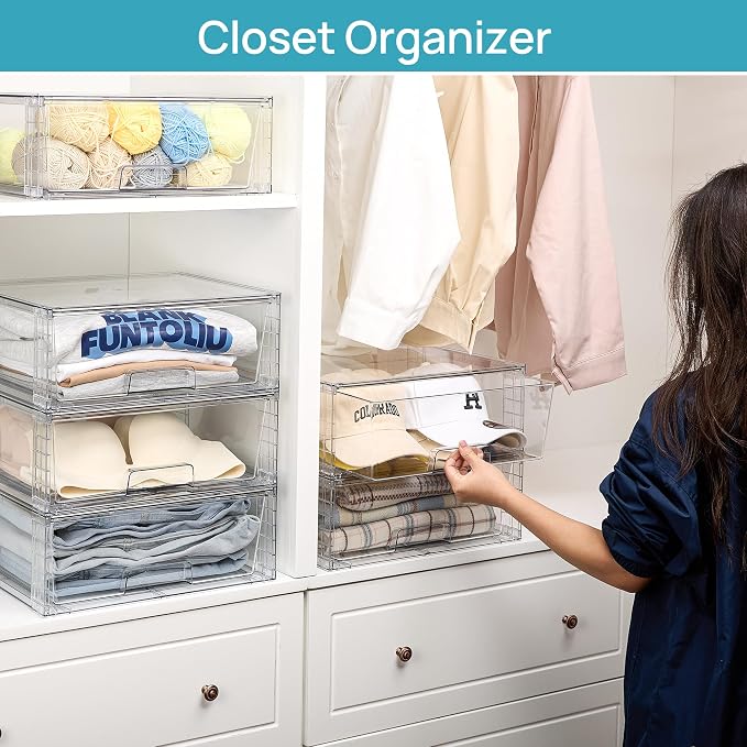 Vtopmart 3 Pack Large Clear Stackable Storage Drawers | Easily Assemble Bathroom Closet Undersink Organizers,Plastic Bins for Cabinet,Kitchen Pantry,Medicine Organization