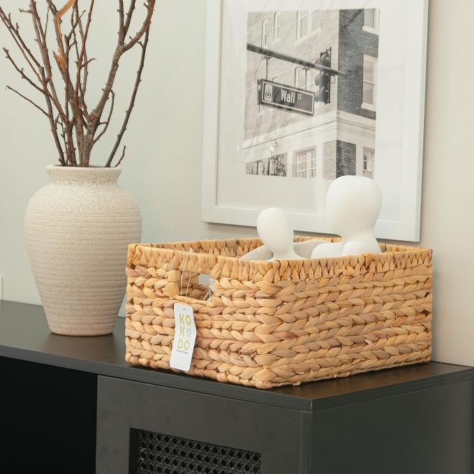 KOKODO 15”L x 11”W Large Rectangular Water Hyacinth Wicker Storage Basket with Handles, Metal Frame and Chalkboard Label, Handwoven Bin for Space-Saving Room Organization