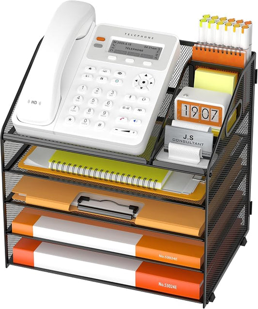 DocNest 5 Tier Metal Mesh Desk File Organizer with Phone Shelf, Black | Desktop letter tray sorter features a 9.1x9.1 inch top phone holder, built-in sticky note compartment and pen holder