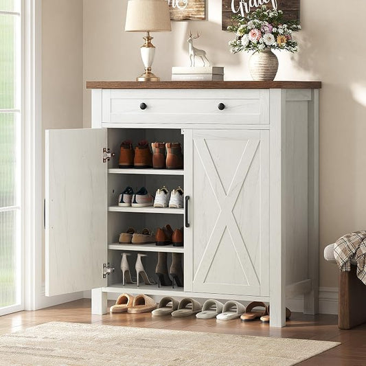 Farmhouse Shoe Storage Cabinet, 5-Tier High Boots Organizer with Adjustable Shelves, Large Drawer & Barn Doors, Entryway Shoe Rack for Hallway Living Room, White