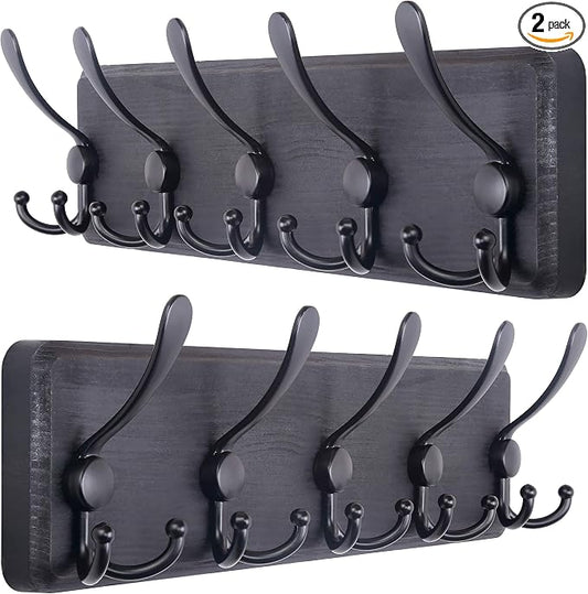 SKOLOO Rustic Wall Mounted Coat Rack: 16" Stud Spacing, Pine Real Wood Plank Wall Coat Rack with 5 Triple Hooks, Farmhouse Coat Hanger Wall Mount for Hanging Backpack Jacket Coat Hat,Pack of 2