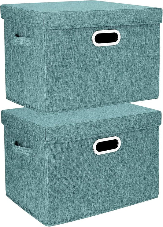 Collapsible Storage Bins With Lids, Large Fabric Storage Boxes - 2 Pack - Aqua Deep