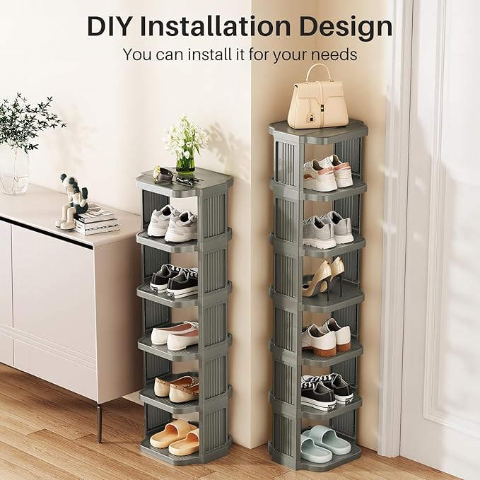 Kitstorack 5-Tier Vertical Plastic Shoe Rack, Freestanding Stackable Shoe Storage Organizer Cubes Shoe Shelf Tower or Small Closets and Tight Spaces, Gray