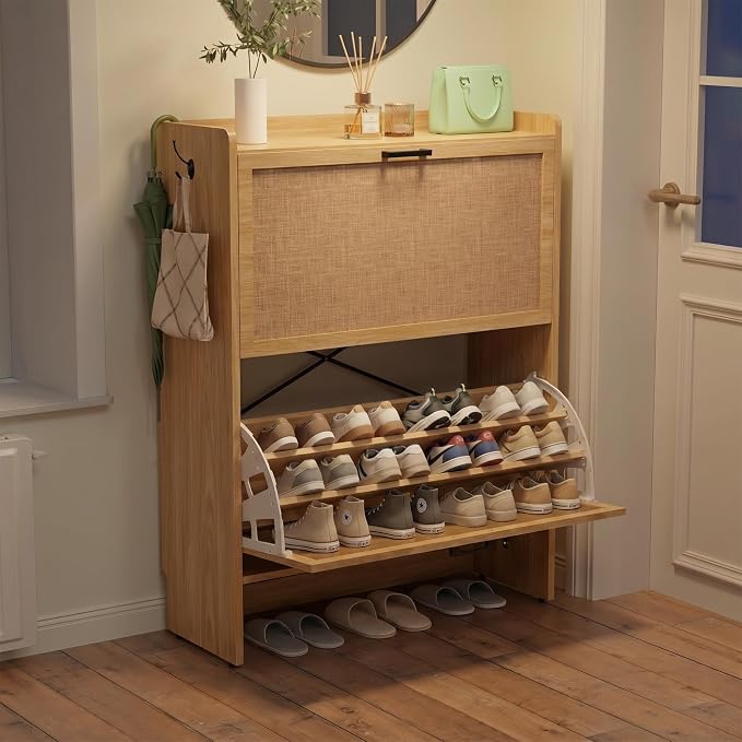 Shoe Storage Cabinet for Entryway, 2 Flip Drawers with 3-Tier Rack Each, 6-Layer Total Storage, Narrow Shoe Cabinet with Linen Panel, Slim Wood Shoe Organizer Closed Shoe Rack for Hallway,Small Spaces