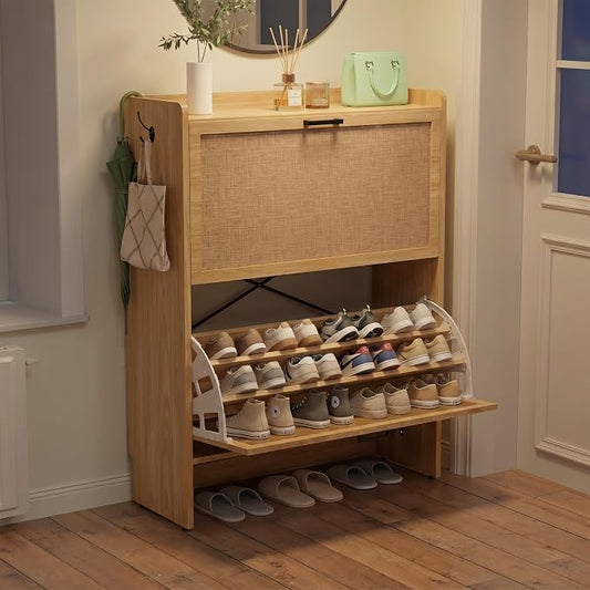 Shoe Storage Cabinet for Entryway, 2 Flip Drawers with 3-Tier Rack Each, 6-Layer Total Storage, Narrow Shoe Cabinet with Linen Panel, Slim Wood Shoe Organizer Closed Shoe Rack for Hallway,Small Spaces