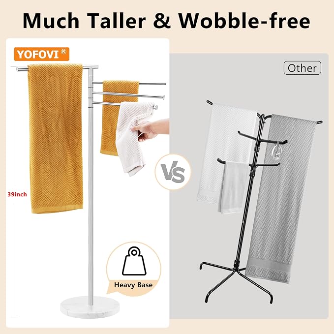 Standing Towel Rack, Stainless Steel Towel Racks for Bathroom with Weighted Marble Base, 4 Swivel Towel Arms Freestanding Outdoor Towel Holder Stand for Pool, Brushed Nickel
