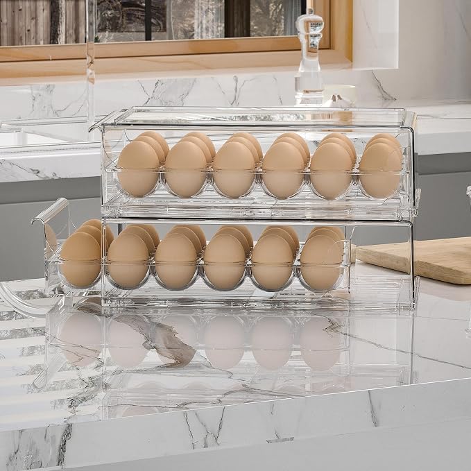 Ettori Egg Container for Refrigerator BPA Free Refrigerator Organizer Bins,Stackable Egg Holder for Refrigerator,18 Egg Tray,Clear