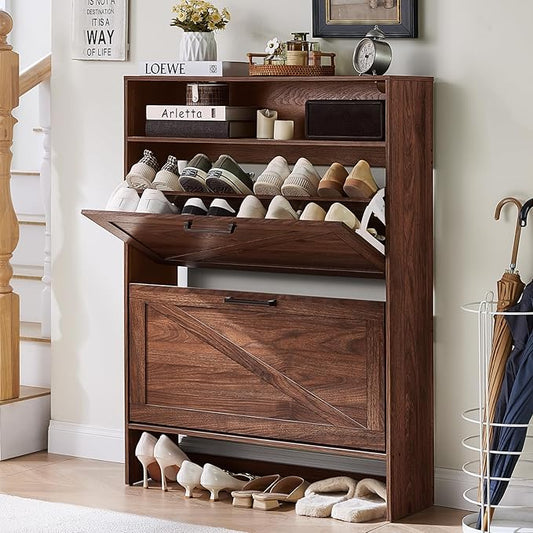 RWYHG Shoe Cabinet Storage for Entryway with 2 Flip Drawers | Open Storage Layer Rack Narrow Organizer Slim Hidden Wood Shoe Cabinet Furniture