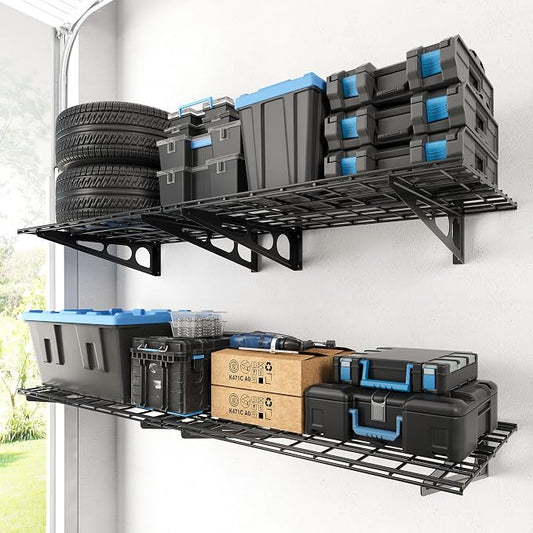 FLEXIMOUNTS 4-Pack 2x3ft Garage Shelving, 24"x72" Storage Shelves, Black | Heavy-Duty Garage Shelving Wall Mounted, 1400 lbs Load Capacity, Garage Wall Shelving for Garage, Workshop, Classic Series