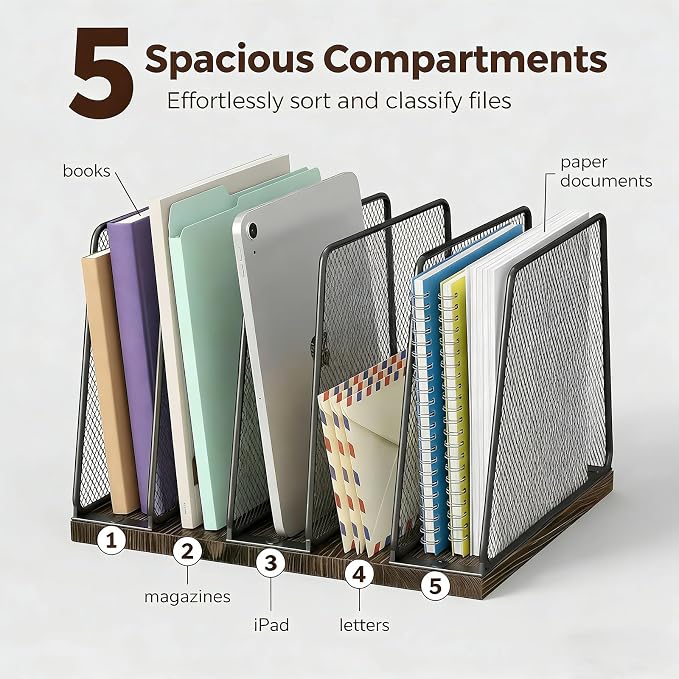 5-Section Vertical File Organizer for Desk, Sturdy Wood Base & Metal Mesh Desktop File Holder, Upright Paper Folder Sorter for Office Supplies（Rustic Brown）