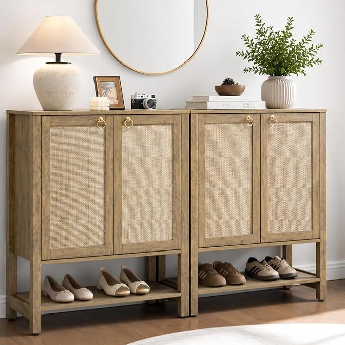 SICOTAS Shoe Storage Cabinet for Entryway, 5 Tier, 2 Pieces | Rattan Entry Shoe Organizer Cabinet with Shelves & Doors, Boho Shoe Rack for Hallway, Living Room, Closet (Carbon Cherry)