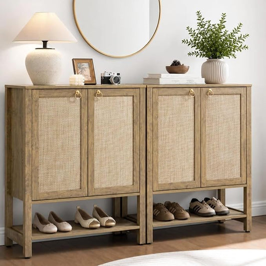 SICOTAS Shoe Storage Cabinet for Entryway, 5 Tier, 2 Pieces | Rattan Entry Shoe Organizer Cabinet with Shelves & Doors, Boho Shoe Rack for Hallway, Living Room, Closet (Carbon Cherry)