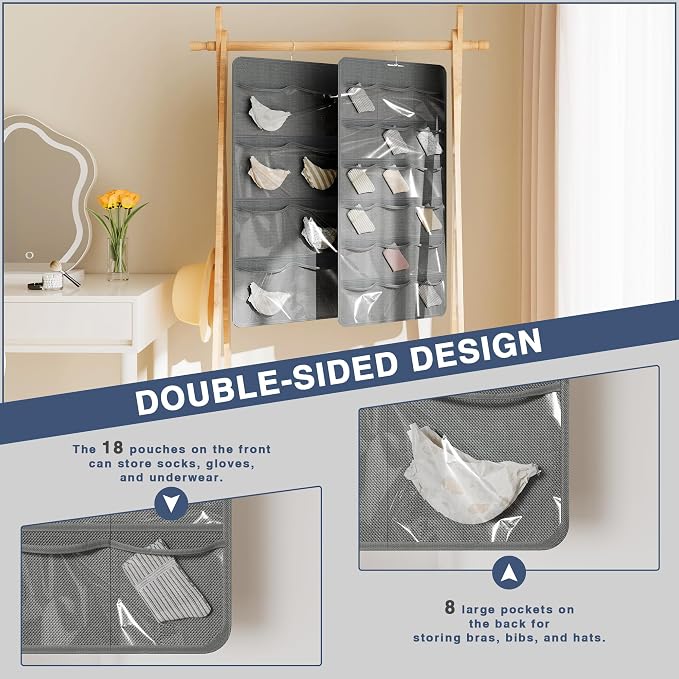 26-Pocket Hanging Closet Organizer for Socks and Underwear, Dark Gray | Non-woven clear compartments keep bras & leggings visible; swivel hook fits wardrobe, closet rod, wall, door or shelves.