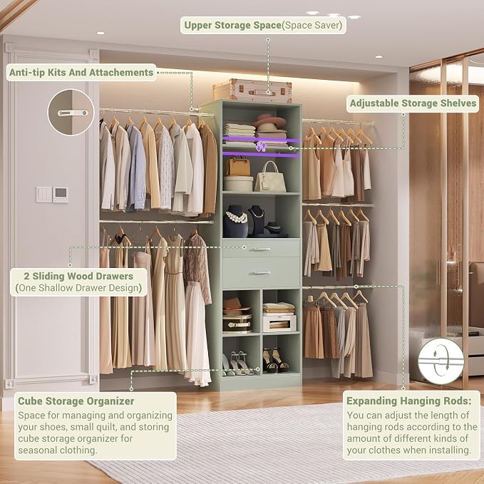 Besiost Closet System, 4-8 FT Closet Organizer Tower with 2 Wooden Drawers and Shelves, Can Fit 60 to 96 inch Walk-in Closet System with 5 Hang Rods, Built-in, Crab Green