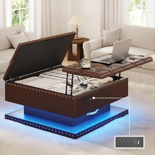 Large Square Ottoman with Storage, Square Storage Ottoman Coffee Table | Coffee Table Storage Ottoman Bench with Lift Top and Two Tier Drawers, LED Ottoman Bench with Charging Station, Brown