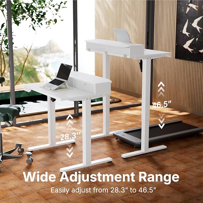 HUANUO 32" X 21" Electric Standing Desk with 2 Drawers, C-Clamp Mount Compatible, Height Adjustable Computer Desk, Home Office Stand Up Desk with 4 Preset Heights & 2 Hooks, White
