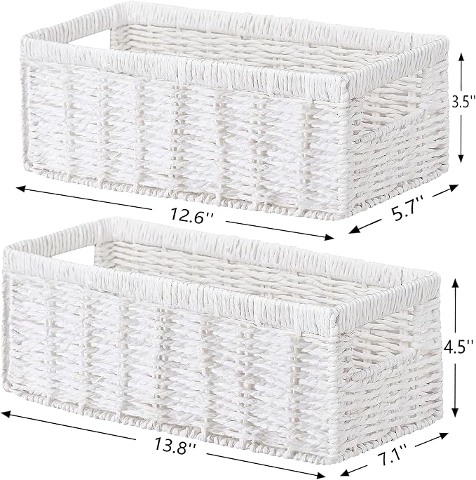 Wicker Storage Basket, Set of 2 Hand-Woven Paper Rope Wicker Baskets for Organizing Decor Storage Bins for Counter Shelves Pantry Basket Small Toilet Paper Basket for Toilet Tank Top, White