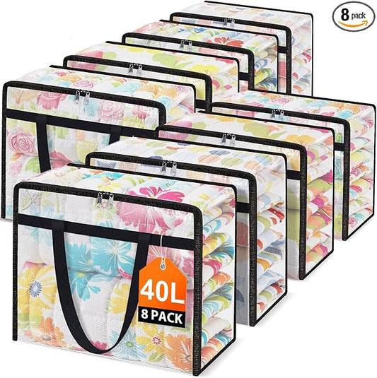 8 Packs 40L Clear Under Bed Storage Containers, Large Clothes Storage Bags | Heavy Duty Large Capacity Foldable Moving Bags with Sturdy Handles, Clothing Organizer Totes for Bedding Comforter Sheet