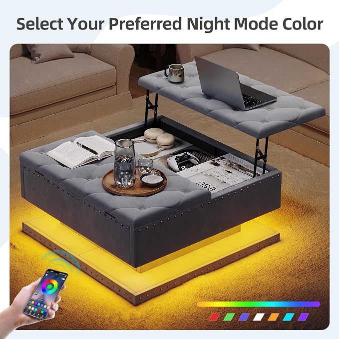 Large Square Ottoman with Storage, Square Storage Ottoman Coffee Table | Coffee Table Storage Ottoman Bench with Lift Top and Two Tier Drawers, LED Ottoman Bench with Charging Station, Gray