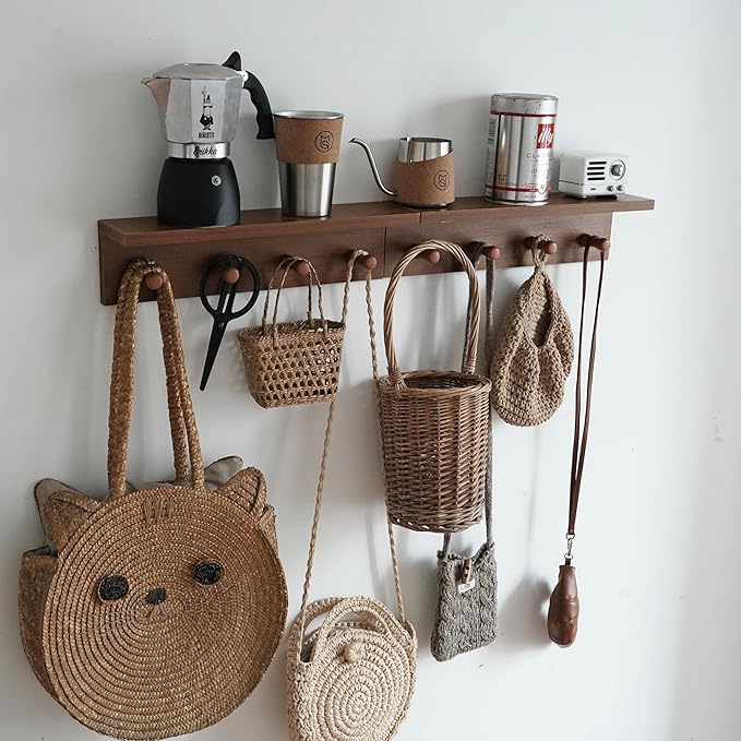 Entrance Coat Rack ，Coat Hooks, Wall-Mounted Wooden Hook Rack, Wall-Mounted Shelves are Very Suitable (Teak Colored Finish—A-1)