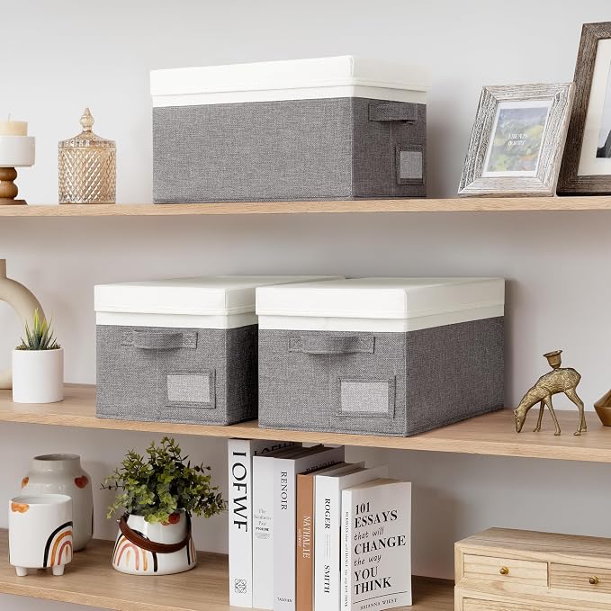 GRANNY SAYS Storage Bins with Lids, Collapsibe Clothes Organizers and Storage, Storage Baskets for Shelves, Decorative Storage Boxes with Lids, 3-Pack, Gray&Ivory
