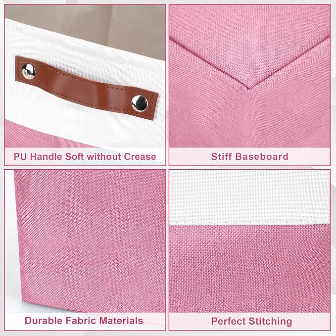 Bagnizer Large Fabric Storage Baskets | 50L Storage Bins, Decorative Linen Closet Baskets with Handles for Organizing, Shelf, Toys, Clothes, Home, Office, Nursery, 17x12x15Inches (Pink&White)
