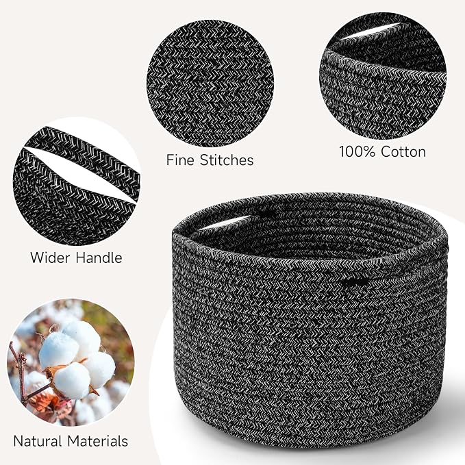 3 Pack Small Rope Storage Baskets, 9.82×9.82×7.1", Black | Cotton Basket for Gifts Empty, Cute Round Woven Basket, Decorative Shelf Basket Organizer, Organizing Basket for Shelves