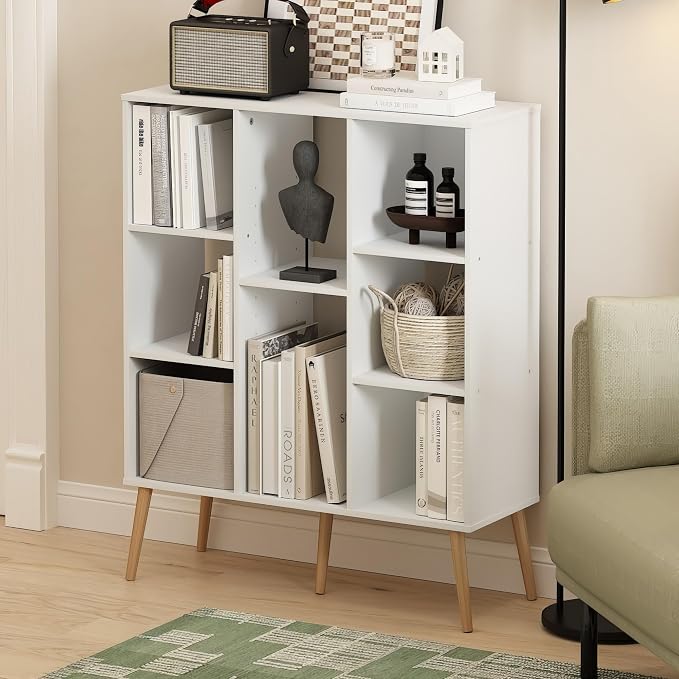 Furinno Claude Mid Century Style Book Shelf, 8-Cube Bookshelf, Cube Storage Organizer Bookcase with Wood Legs, 10.9 x 31.5 x 39.3, for Living Room, Bedroom, Home Office, White
