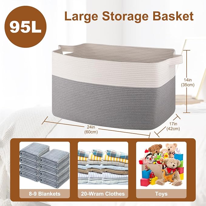 Extra Large Laundry Basket, 95L Blanket Basket for Living Room, Cotton Rope Toy Storage for Kids, Woven Baskets for Clothes, Towels, Pillows, 24" x 17" x 14", Grey and White