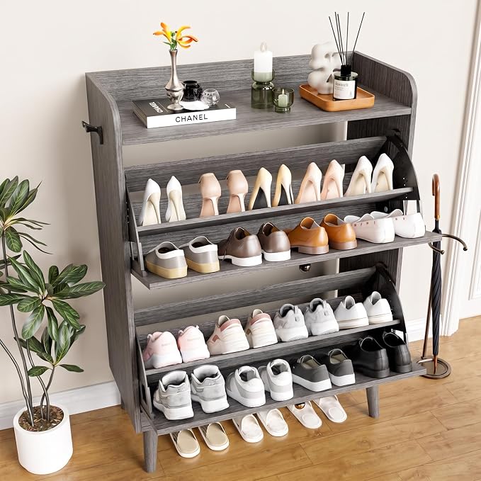 YZ HOME Shoe Storage Cabinet with 2 Flip Drawers | Entryway Shoe Cabinet, Metal Hooks & Adjustable Shelves, Freestanding Narrow Shoe Rack for Hallway Foyer, Grey