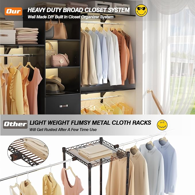 iSunirm 8FT Closet System, 96'' Closet Organizer System with 3 Hanging Rods, Wall Mount Bedroom Wardrobe with 3 Drawers Walk-in Closet, Adjustable Cloth Garment Rack from 5 to 8FT (Cut to Fit), Black