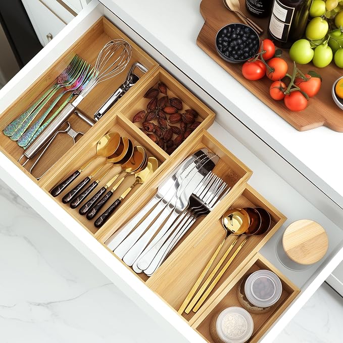 MapleGrace Bamboo Drawer Organizer Set, Individual Wood Storage Organizers | 5 PCS Multi-Use Junk Drawer Divider, Storage Trays Containers for Kitchen, Bathroom, Office Desk, Makeup, Jewelry, Utensils