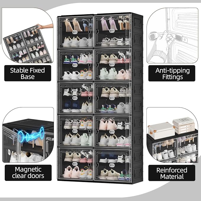 Foldable Shoe Cabinet with Magnetic Clear Doors, Wide Design Shoe Rack for Entryway, Portable Shoe Organizer Meeting Diverse Storage Needs (Black, 2Row 10Tier)