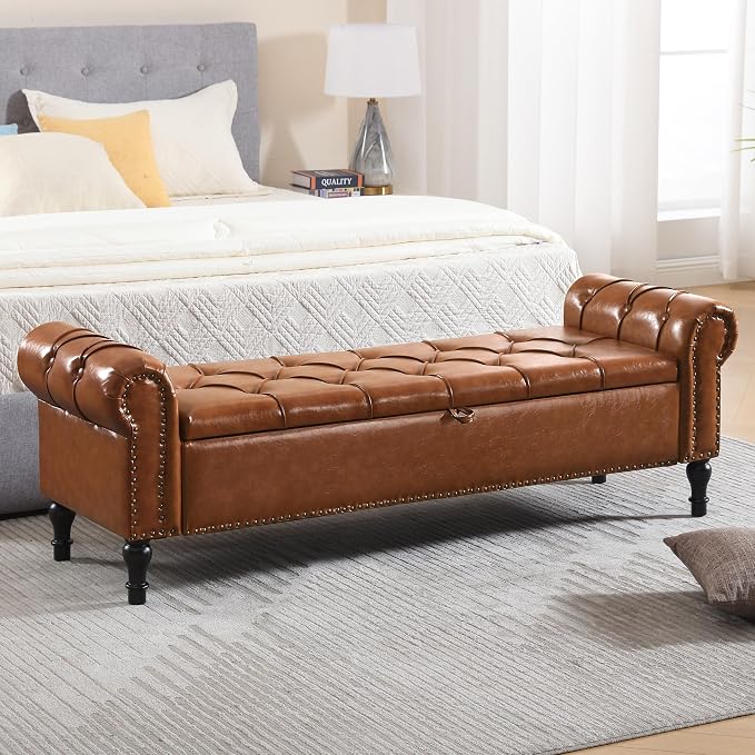 Storage Bed Bench for Bedroom, Faux Leather 67" End of Bed Benches, King Size Bench with Arm, Tufted Button Upholstered Ottoman Bench for Living Room, Entryway, Yellow Brown