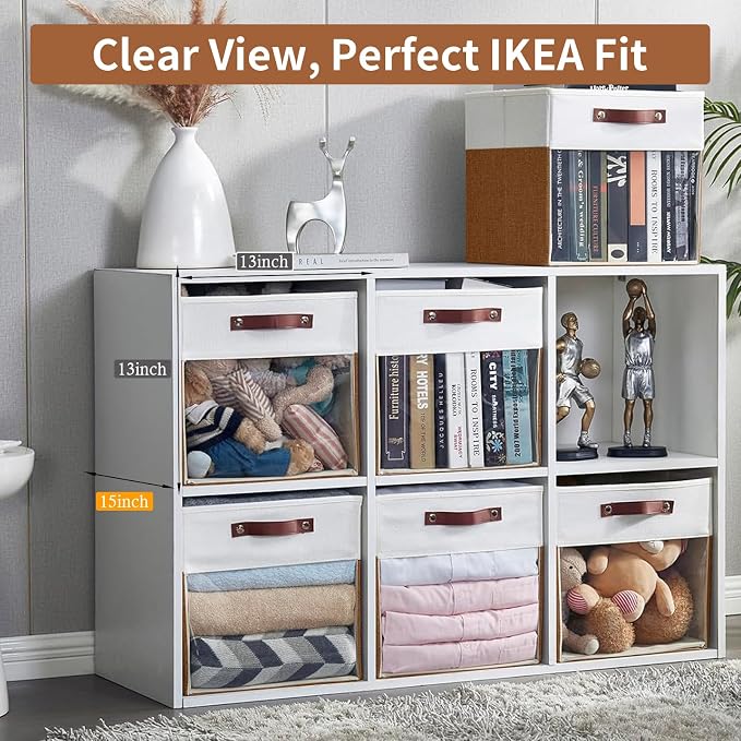 Storage Cubes, 4 Pack Linen Foldable Storage Bins with Clear Window and 2 Handles, 13x15x13 Storage Cube Bins for Shelf Closet, Kallax, Clothes, Books - (Brown / Off-White)