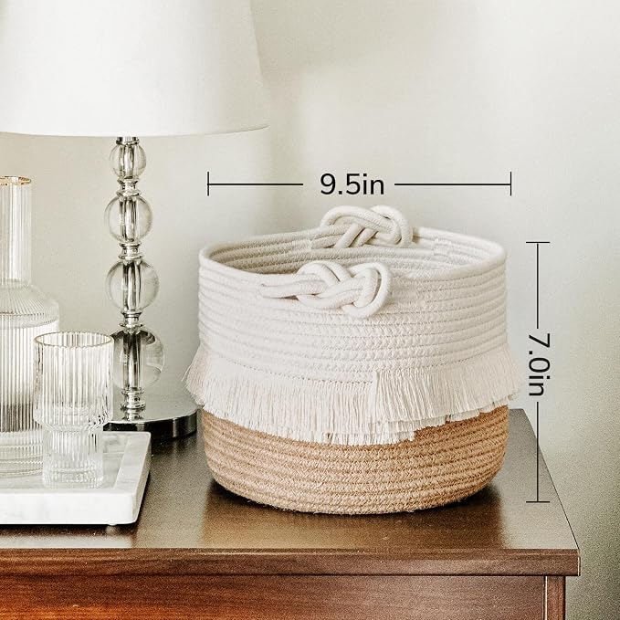 CherryNow Small Woven Rope Baby Basket with Tassel, 9.5" x 7", Jute | Cute Storage Basket for Baby Shower, Toys & Daily Essentials, Fits Nursery Living Room Decor, with Knotted Handles